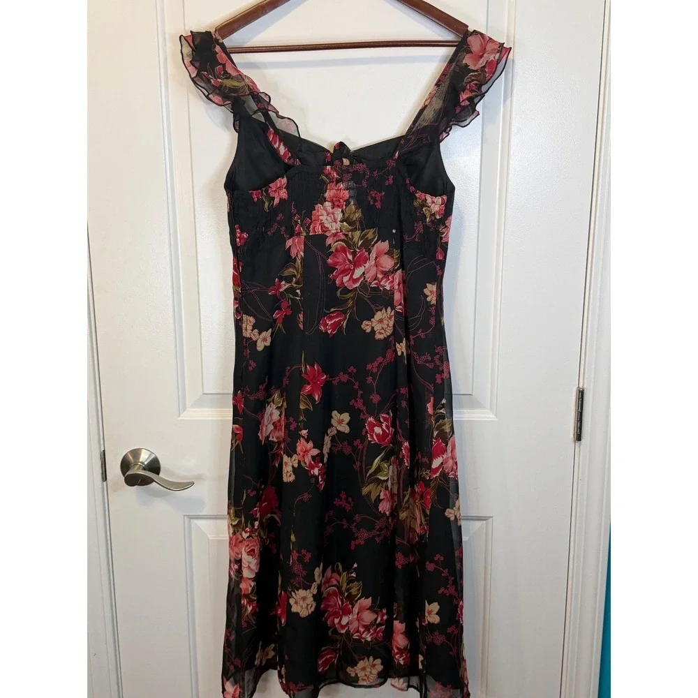 Vintage Madison Leigh Y2K Romantic Black Floral Ruffle Sleeve Midi Dress Size 10 - Picture 8 of 9